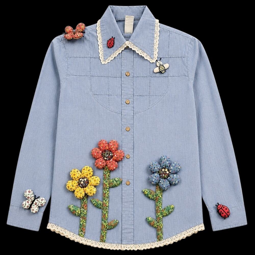 Vintage 70s Folk Art Shirt Cottagecore Flower Butterfly Bee Boho Top Kennington